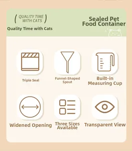 Graphic detailing sealed pet food container features with measuring cup icons.