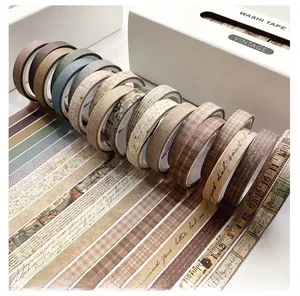 Detailed macro view of 20 vintage style washi tape rolls with various decorative patterns