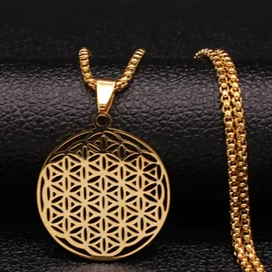 Macro view of a gold stainless steel necklace with a hollow Flower of Life pendant.