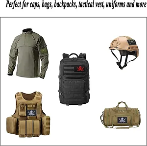 Tactical morale patches displayed on various outdoor gear like backpacks and vests