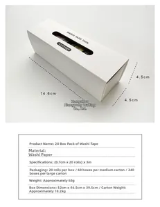 Detailed view of 20-roll vintage thin washi tape set in a compact white dispenser box