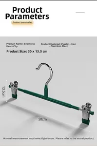 Close-up detail of the non-slip non-marking green pants hanger showing dimensions