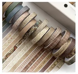 A detailed close-up of a vintage washi tape collection featuring diverse classic patterns
