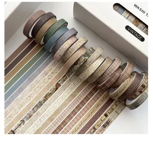 Detailed view of vintage washi tape rolls with various patterns for DIY journaling