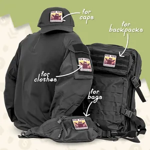 Pew Pew Madafakas cat tactical embroidery patches shown on cap, bag and clothes