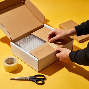 Detail of a person sealing a white shipping box with decorative washi tape on yellow