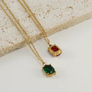 Elegant 18K gold plated stainless steel necklaces with green and red square zirconia pendants.