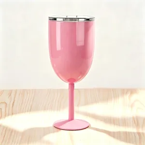 Elegant pink stainless steel vacuum insulated wine goblet with transparent splash-proof lid