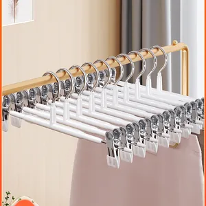 Stainless Steel Pants Hanger With Non-Slip Dipped Coating Traceless Adjustable Clips Heavy Duty Trousers Skirt Storage Rack