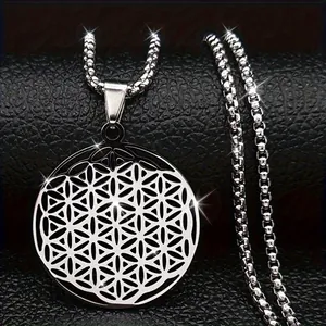 Intricate stainless steel Flower of Life geometric pendant necklace on a silver box chain