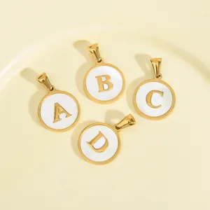 Gold plated stainless steel alphabet pendants with white shell inlay for necklaces