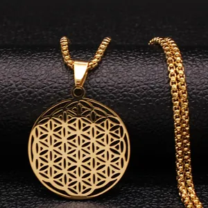 Gold stainless steel Flower of Life geometric pendant necklace on professional background