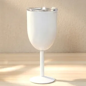 Detailed view of a white stainless steel insulated wine goblet with a clear lid