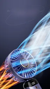 Detail van paarse draagbare handventilator met digitaal display en koelende luchtstroom.