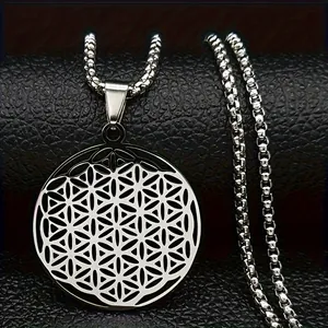 Silver stainless steel Flower of Life sacred geometry pendant necklace for men and women