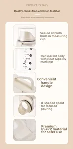 Detailed views of pet food storage container showing lid, scale, handle, and spout