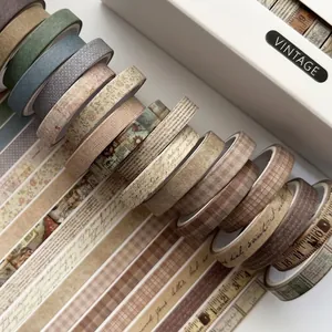 Set of vintage style washi tapes with diverse patterns for decorative DIY scrapbooking