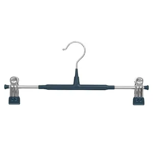 Professional non-slip navy blue stainless steel pants hanger with adjustable clips for skirts