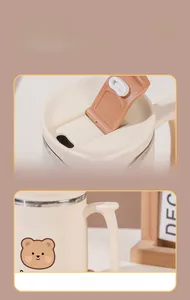 Detailed views of stainless steel coffee mug lid and ergonomic handle with bear design