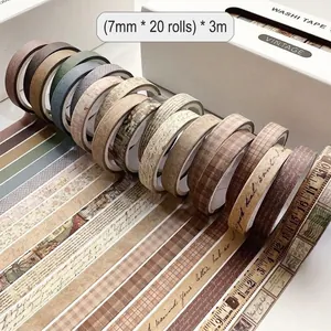 20 rolls of vintage patterned washi tape set, 7mm width, for scrapbooking and DIY crafts.