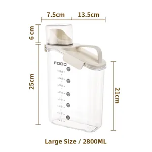 Detailed size dimensions and scale of the 2800ml airtight pet food storage container