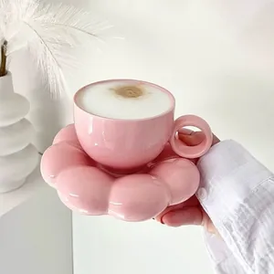 Creative Flower Shaped Ceramic Coffee Cup Saucer Set INS Style Light Luxury Pink Porcelain Teacup For Afternoon Tea Home Cafe
