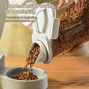 Large airtight pet food storage container dispenser pouring dry kibble into a grey bowl