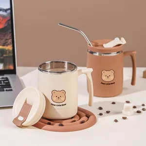 304 Stainless Steel Coffee Mug With Lid And Straw Portable Insulated Thermal Water Cup Cartoon Bear Matte Office Travel Mug