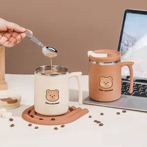 Insulated 304 stainless steel coffee mug with cute bear design, includes lid and spoon