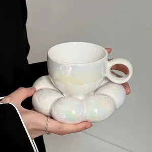 Pearlescent ceramic coffee cup and flower saucer set for creative elegant afternoon tea
