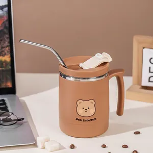 Insulated brown 304 stainless steel coffee mug with cute bear design, lid and metal straw