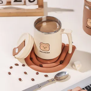 Creamy white 304 stainless steel coffee mug with cute bear and lid