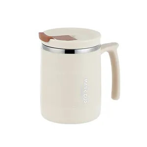 Minimalist cream 304 stainless steel coffee mug with lid and ergonomic handle