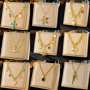 Vintage Gold Plated Stainless Steel Necklace For Women Layered Pendant Heart Sun Cross Fish Enamel Evil Eye Choker Jewelry