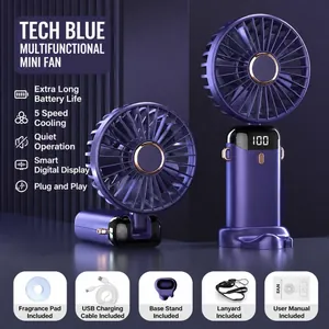 Opvouwbare draagbare handventilator in marineblauw met LED-display en USB-oplaadstation
