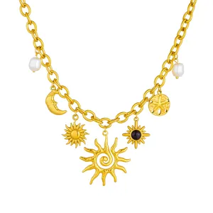 Vintage gold plated stainless steel necklace featuring sun and moon celestial charm pendants