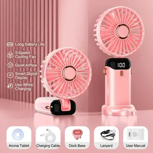Draagbare roze USB-handventilator met digitaal display en opvouwbaar stil ontwerp