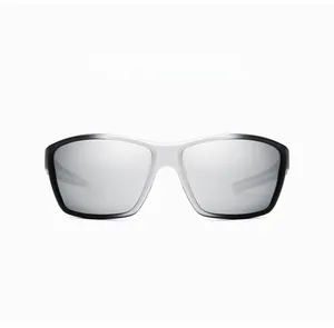 Front view of sporty polarized sunglasses in black and white frame with silver lenses
