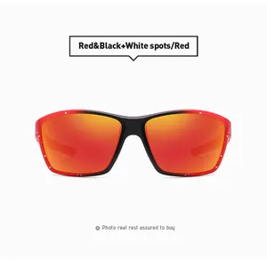 Sport sunglasses with red black frames, white spots, and orange red mirrored lenses