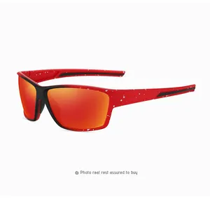 Close-up shot of red and black polarized outdoor sports sunglasses with orange mirror lenses.