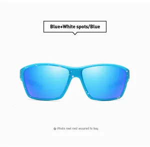 Detail view of stylish blue polarized sports sunglasses with unique white speckled frame design