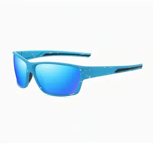 Close-up detail of bright blue outdoor sports sunglasses with white splash pattern design