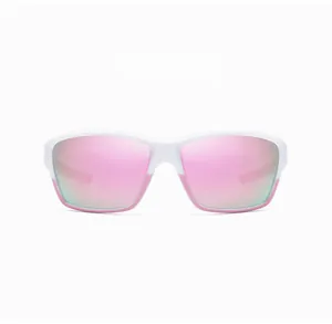Detail of sporty sunglasses featuring white frames and polarized pink mirrored lenses.
