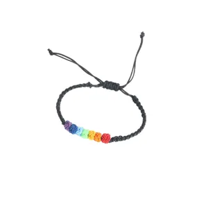 Handmade rainbow knot braided bracelet featuring an adjustable black string cord design