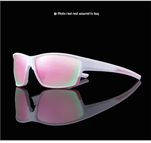 Detailed view of white sports sunglasses with pink mirrored lenses on black surface