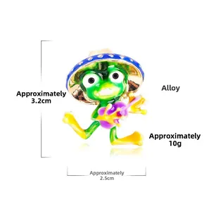 Detail view of cute green frog brooch showing dimensions and alloy material.