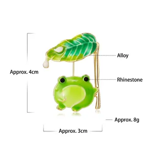 Detailed view of cute green enamel frog brooch showing 4x3cm dimensions and alloy material