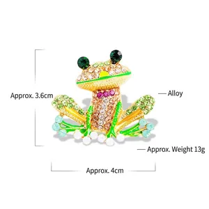 Detailed view of crystal frog brooch with dimensions 4x3.6cm and alloy material info