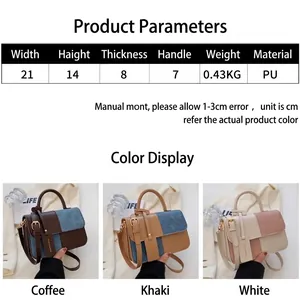 Detailed dimensions and color options for the stylish colorblock crossbody flap bag
