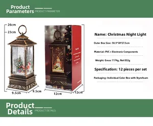 Detailed view of bronze Christmas lantern snow globe night light with Santa Claus motif and dimensions
